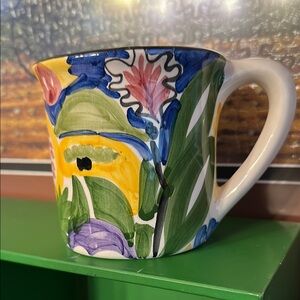 Green & Blue Ceramic Mug w/ Botanical Design Hand painted in Portugal
